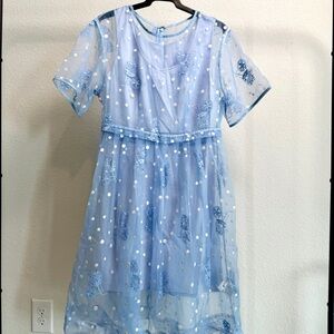 Elegant Blue Kids Dress with Floral Accents size 165 or size 2 two layers